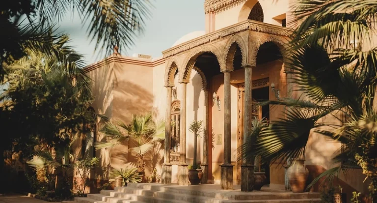 Luxury terracotta resort villa with carved wooden arches and palm trees