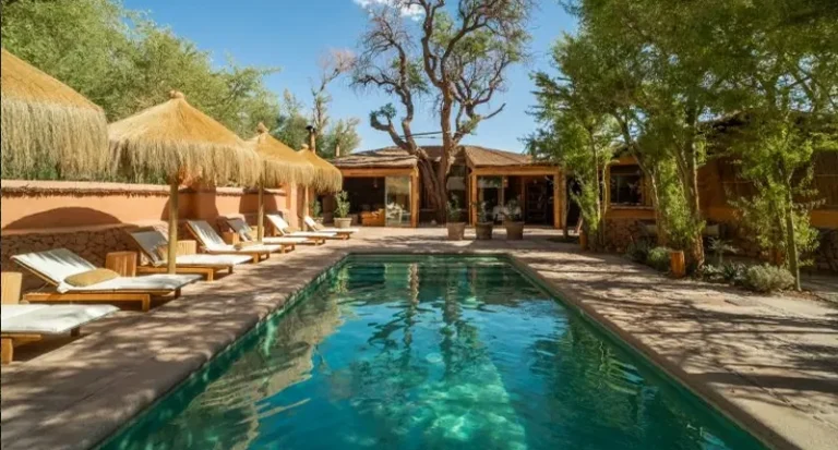 Luxury desert resort swimming pool with thatched umbrellas and loungers