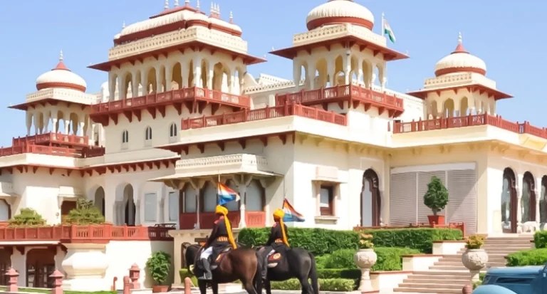Royal heritage palace in Jaipur with traditional architecture and horse guards